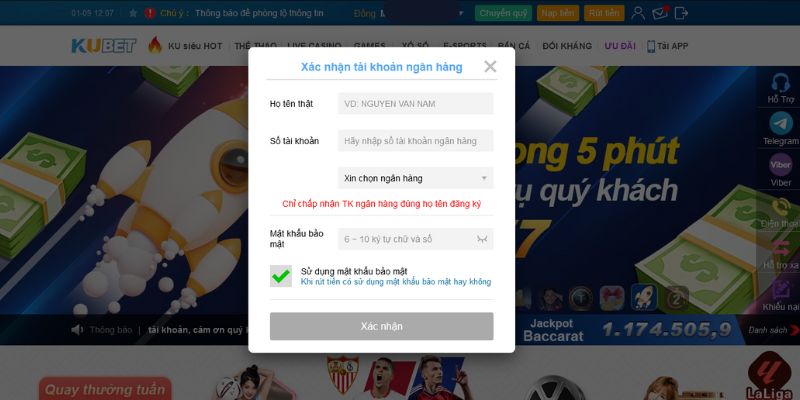 Bổ sung thông tin đầy đủ để nạp tiền Kubet