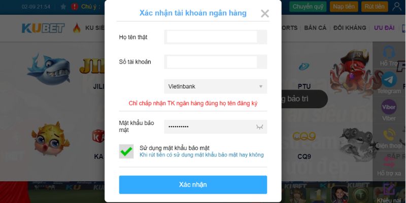 Thêm tài khoản nhận tiền thưởng khi vui chơi tại KU 